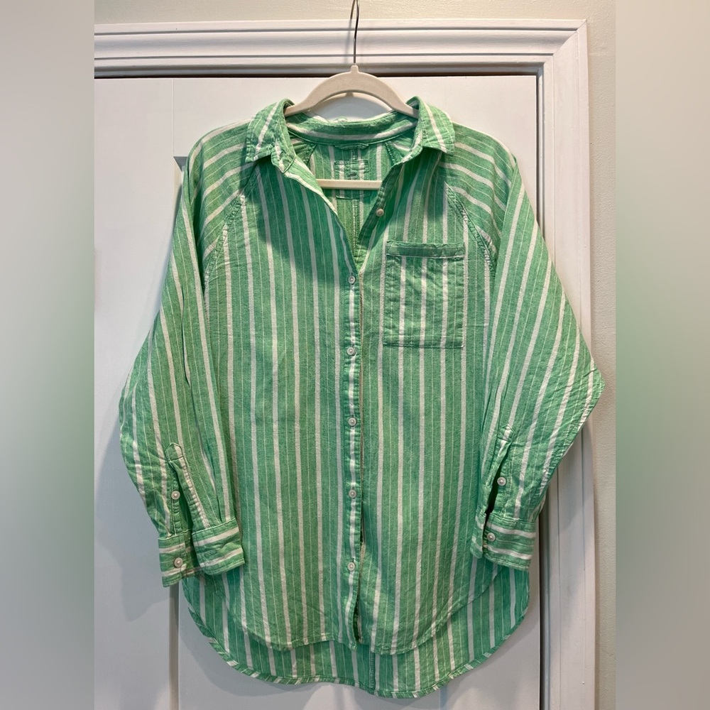 Aerie Striped Linen Button-Down Top